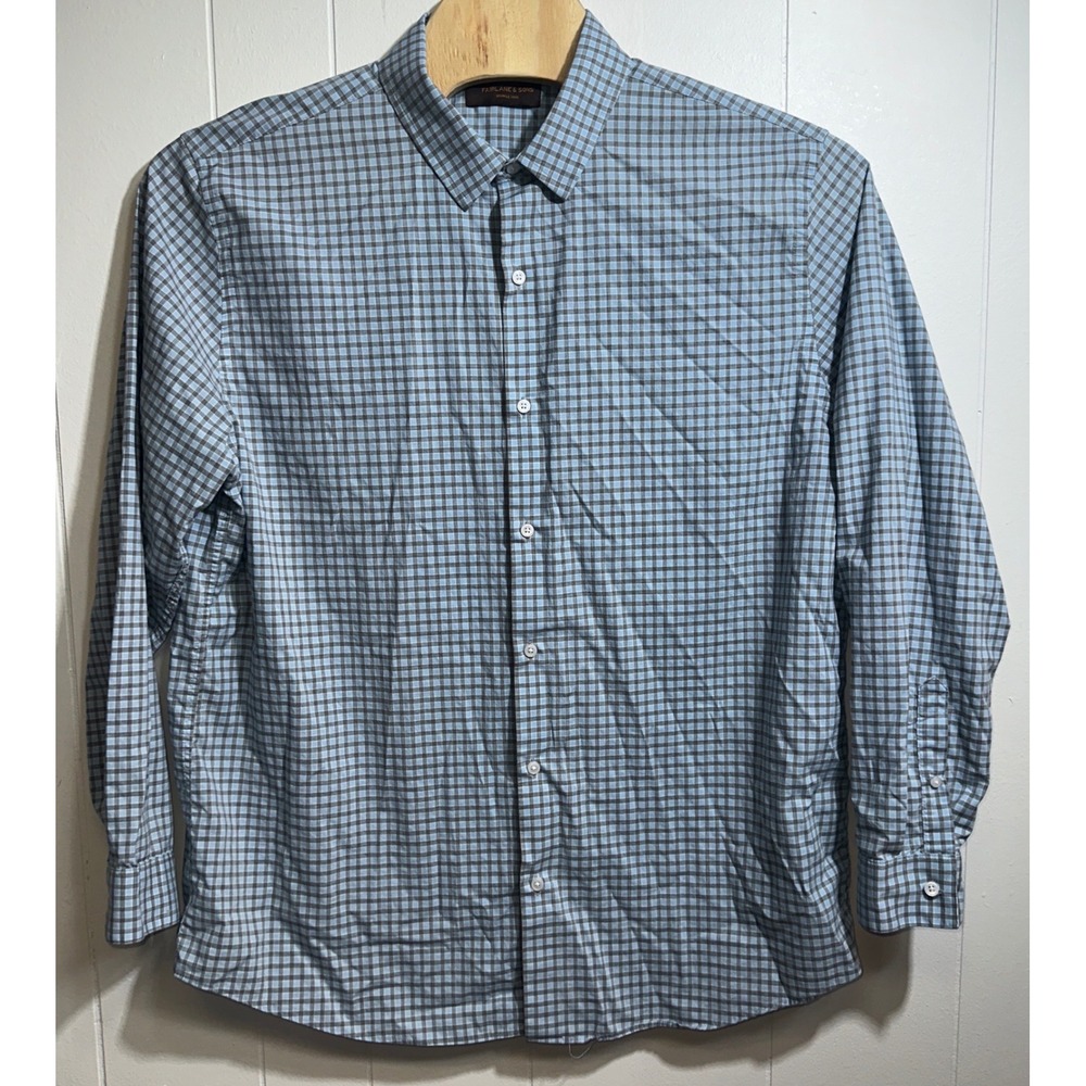 Fairlane & Sons Mens XXL Tall Blue Grey‎ Gingham Wrinkle Free Button Down Shirt